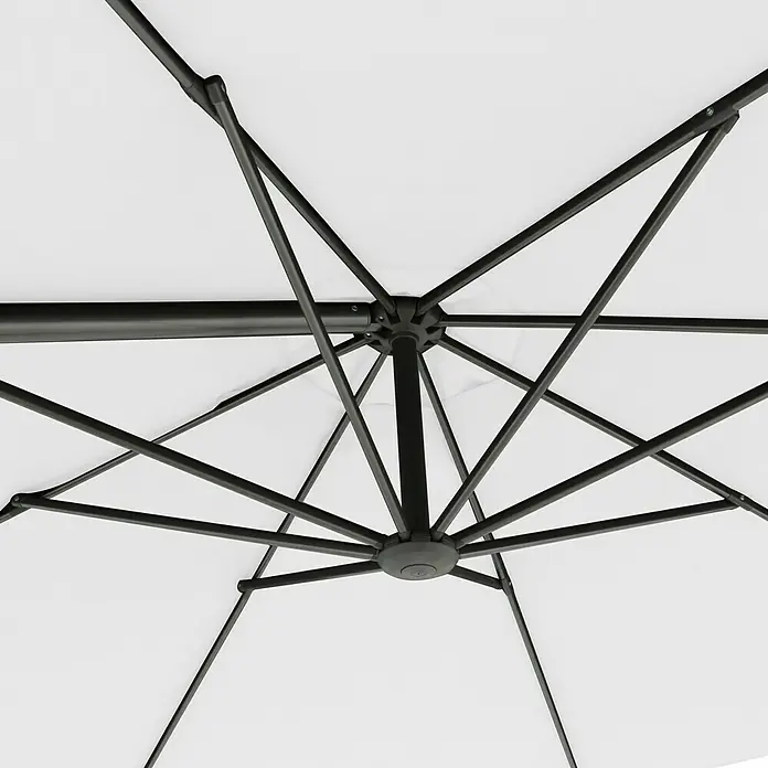 Sunfun Parasol de jardín Florenz - Crudo, Diámetro de cobertura: 300 cm - Vista detallada de la parte inferior de una sombrilla blanca con estructura negra. Perfecta para días soleados en el jardín o la terraza.