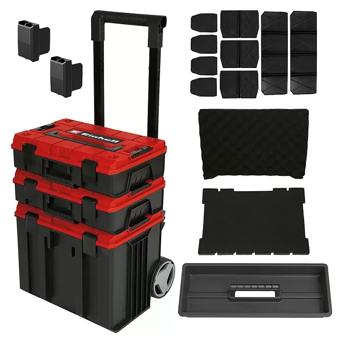 Einhell Systemkoffer E-Case Tower - L x B x H: 45 x 41,2 x 69,1 cm, Polypropylen, Traglast: 120 kg - Ein modulares rot-schwarzes Werkzeugkastensystem auf Rollen mit Ausziehgriff und verschiedenen schwarzen Schaumstoffeinlagen und Organizern.