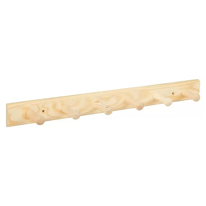 Walteco Hakenleiste - 50 x 75 mm, Anzahl Haken: 6 Stk., Holz - Garderobenleiste aus hellem Naturholz mit sechs runden Haken.