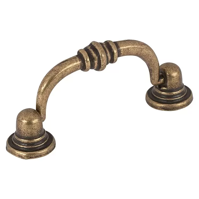 Walteco Möbelgriff Tisset - Lochabstand: 64 mm, Sonstige, Brüniert - Antiker Messing Möbelgriff mit gebogenem, geripptem Bügel und dekorativen Sockeln.