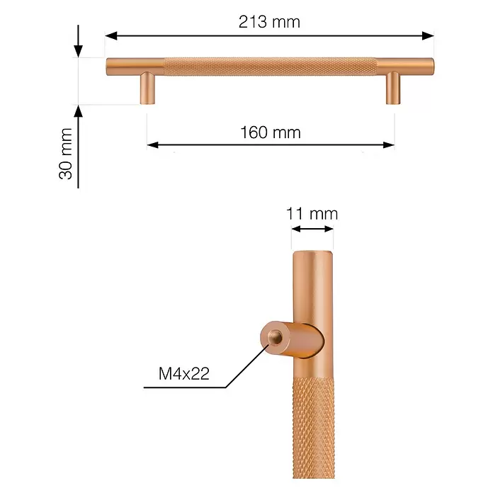 Walteco Möbelgriff Toledo - Lochabstand: 160 mm, Aluminium, Gold matt - Kupferfarbener gerändelter Möbelgriff: 160 mm Lochabstand, 213 mm Länge, 30 mm Tiefe, 11 mm Durchmesser, M4x22 Schraube.