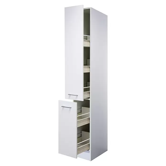 Flex-Well Lucca Apotheker-Hochschrank - B x T x H: 30 x 57 x 200 cm, Weiß - Weißer Küchenschrank mit silbernen Griffen, geöffnet, um Ausziehregale zu zeigen. Ein kleinerer Unterschrank ist ebenfalls offen.