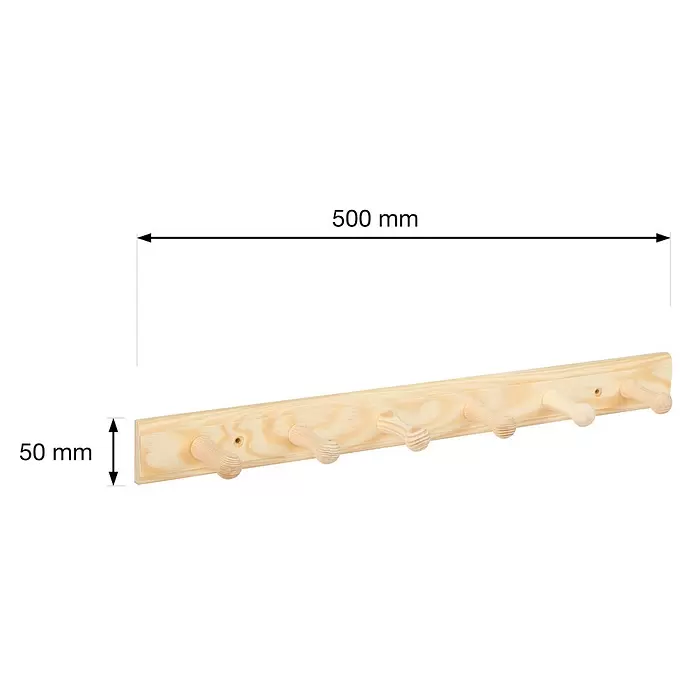 Walteco Hakenleiste - 50 x 75 mm, Anzahl Haken: 6 Stk., Holz - Garderobenleiste aus hellem Holz mit 6 Haken, 500 mm lang und 50 mm hoch.
