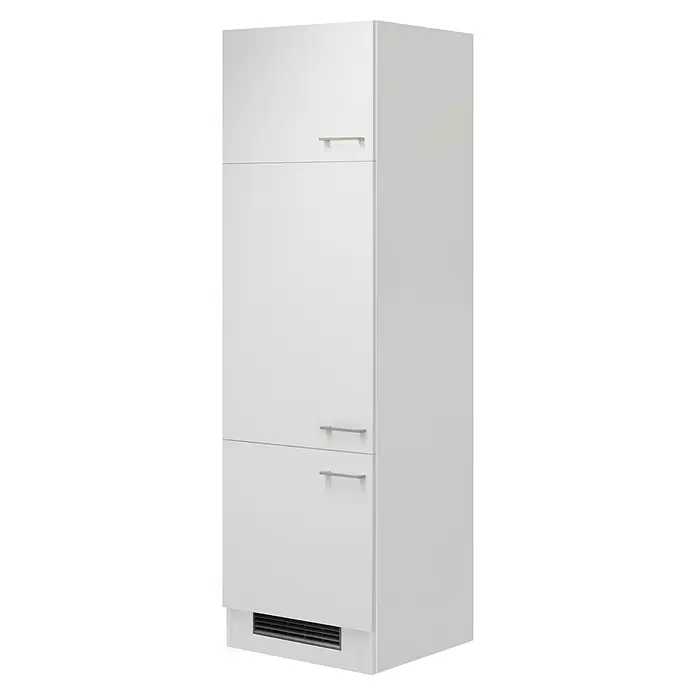 Flex-Well Lucca Kühlumbauschrank - B x T x H: 60 x 57 x 200 cm, Weiß - Hoher weißer Schrank mit silbernen Griffen und unterem Lüftungsgitter, wahrscheinlich für ein Einbaugerät.