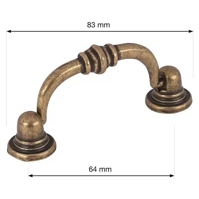 Walteco Möbelgriff Tisset - Lochabstand: 64 mm, Sonstige, Brüniert - Antik-Messing Schubladengriff, gebogenes Design mit gerilltem Griff, 83 mm Gesamtlänge, 64 mm Lochabstand.