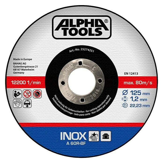 Alpha Tools Disco de corte (Diámetro disco: 125 mm, Espesor disco: 1,2 mm, Específico para: Acero inoxidable)