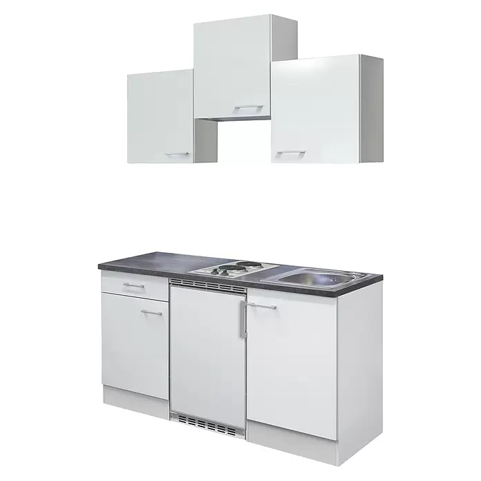 Flex-Well Lucca Singleküche - Breite: 150 cm, Weiß, Mit 2 Platten-Kochfeld, Mit Elektrogeräten - Weißer Kompaktküchenblock mit dunkler Arbeitsplatte, integriertem Zweiflammen-Elektrokochfeld, Spüle und Hängeschränken.