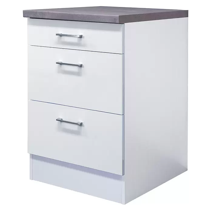 Flex-Well Lucca Küchen-Unterschrank Auszug - B x T x H: 50 x 60 x 85 cm, Weiß - Weißer Unterschrank mit drei Schubladen und grauer Arbeitsplatte.