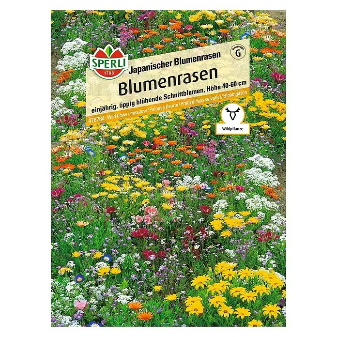 Sperli Blumensamen Blumenrasen - Verschiedene Sorten, 3 m² - Samenpackung Japanischer Blumenrasen von Sperli. Einjährige, üppig blühende Schnittblumenmischung für eine farbenfrohe Wildblumenwiese im Garten.