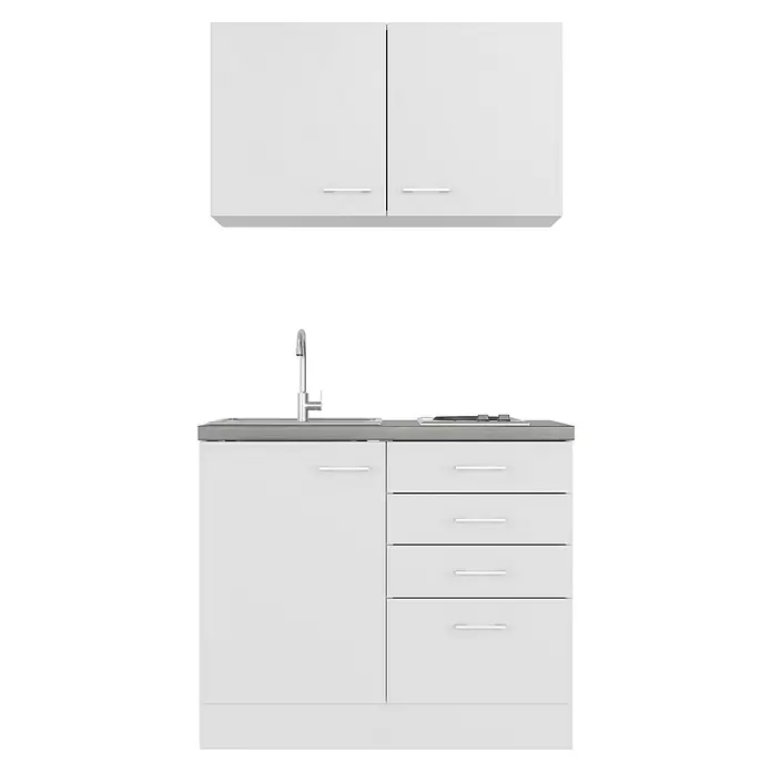 Flex-Well Lucca Miniküche - Breite: 100 cm, Weiß, Mit Elektrogeräten - Weiße Küchenzeile mit grauer Arbeitsplatte, integrierter Spüle und Kochfeld.