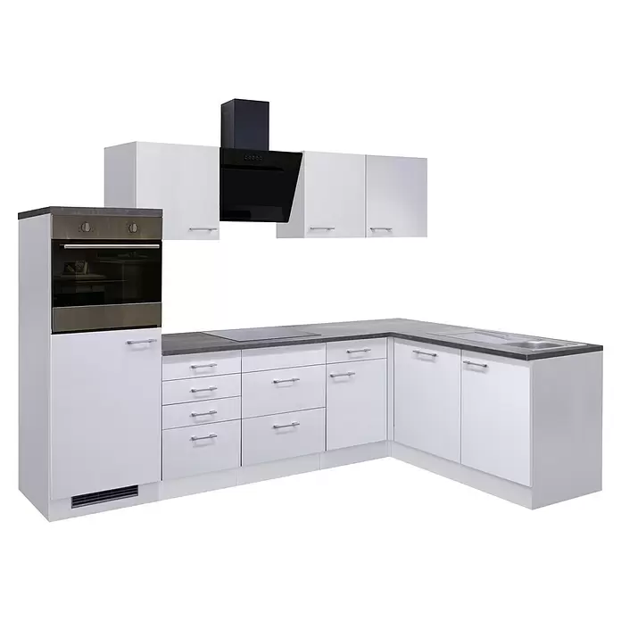 Flex-Well Lucca Winkelküche - L x B: 170 x 280 cm, Weiß, Mit Elektrogeräten - Moderne L-förmige weiße Küchenzeile mit anthrazitfarbener Arbeitsplatte, integriertem Backofen, Kochfeld, Spüle und schwarzem Dunstabzug.