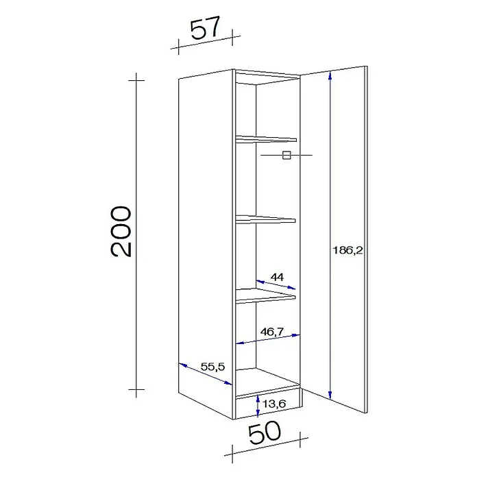 Flex-Well Turin Geschirrschrank - 57 x 50 x 200 cm, Anthrazit Miniperl - Hoher, schmaler Schrank mit offener Tür und Innenböden, Bemaßungen anzeigend.