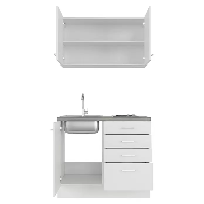 Flex-Well Lucca Miniküche - Breite: 100 cm, Weiß, Mit Elektrogeräten - Weiße Küchenspüle mit Edelstahlbecken, grauer Arbeitsplatte, Schubladen und passendem Oberschrank mit offenen Türen.