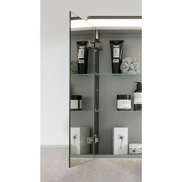 Modern 3.0 LED-Spiegelschrank (B x H: 70 x 60 cm, Links, Mit Beleuchtung, Spanplatte, Eiche Maron)