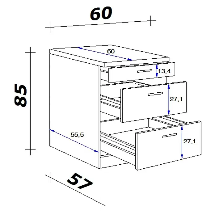 Flex-Well Lucca Unterschrank Auszug - B x T x H: 50 x 60 x 85 cm, Weiß - Technische Zeichnung einer Kommode mit drei Schubladen und Maßen.
