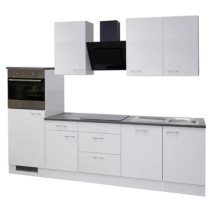 Flex-Well Lucca Küchenzeile - Breite: 280 cm, Höhe: 234 cm, Weiß, Mit Elektrogeräten - Weiße Küchenzeile mit dunkelgrauer Arbeitsplatte, integriertem Backofen, Kochfeld, Spüle und schwarzer Dunstabzugshaube.