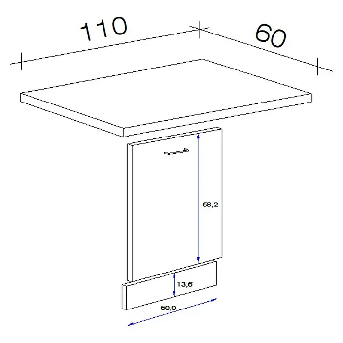 Flex-Well Samoa Geschirrspülerfront Samoa - B x T x H: 110 x 60 x 85 cm, Weiß - Bemaßte Zeichnung von Möbelteilen: eine obere Platte, eine Haupttür mit Griff und eine untere Platte, alle bemaßt.