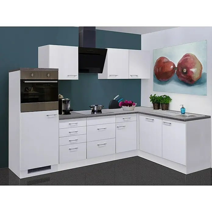 Flex-Well Lucca Winkelküche - L x B: 170 x 280 cm, Weiß, Mit Elektrogeräten - Moderne Küche mit weißen Schränken, schwarzem Dunstabzug und integriertem Ofen. Eine stilvolle Küchenzeile für zeitgemäße Wohnräume.