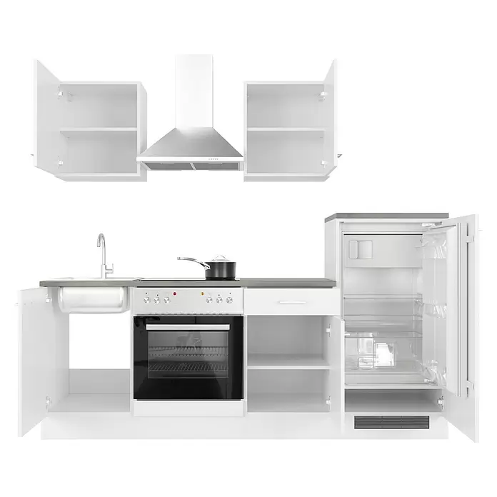 Flex-Well Lucca Küchenzeile Typ 1 - Breite: 220 cm, Höhe: 200 cm, Weiß, Mit Elektrogeräten - Weiße modulare Küchenzeile mit Spüle, Herd, Backofen, Dunstabzugshaube sowie offenen Schränken und Kühlschrank.