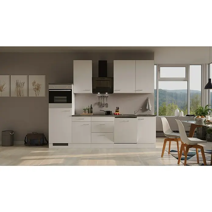 Flex-Well Lucca Küchenzeile - Breite: 280 cm, Höhe: 234 cm, Weiß, Mit Elektrogeräten - Eine moderne Küche mit weißen Schränken, einer schwarzen Dunstabzugshaube und einem integrierten Backofen für ein stilvolles Kocherlebnis.