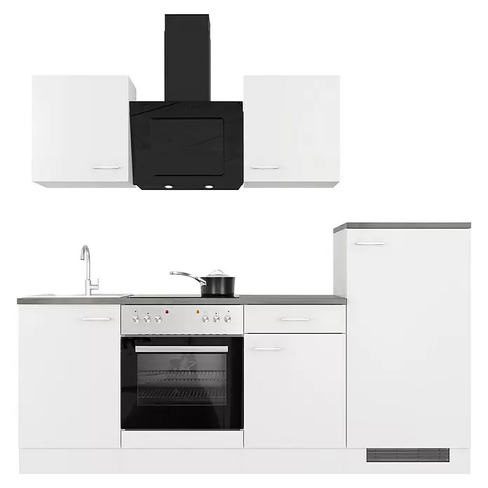 Flex-Well Lucca Küchenzeile - Breite: 220 cm, Höhe: 200 cm, Weiß, Mit Elektrogeräten - Moderne weiße Küchenzeile mit schwarzer Dunstabzugshaube, integriertem Ofen/Kochfeld, Spüle und Hochschrank.