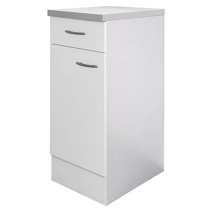 Flex-Well Wito Küchen-Unterschrank - B x T x H: 30 x 60 x 85 cm, Weiß - Weißer Schrank mit grauer Arbeitsplatte, einer oberen Schublade und einer unteren Schranktür mit silbernen Griffen.