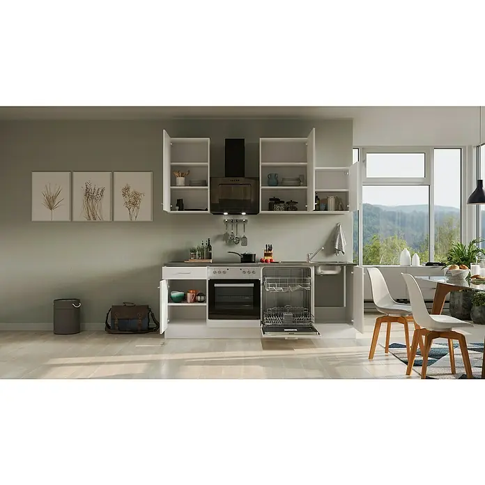 Flex-Well Lucca Küchenzeile Typ 1 - Breite: 220 cm, Höhe: 234 cm, Weiß, Mit Elektrogeräten - Moderne Küche mit weißen Schränken, Geräten und Essbereich. Das offene Design bietet viel Stauraum und eine helle Atmosphäre.