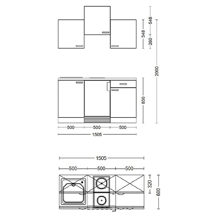 Flex-Well Lucca Singleküche (Breite: 150 cm, Weiß, Mit 2 Platten-Kochfeld, Mit Elektrogeräten) | BAUHAUS