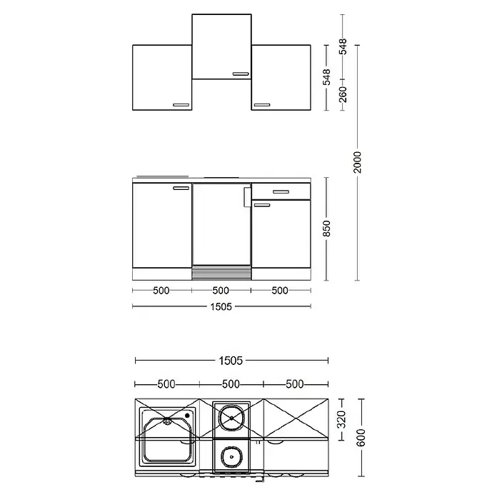 Flex-Well Lucca Singleküche - Breite: 150 cm, Weiß, Mit 2 Platten-Kochfeld, Mit Elektrogeräten - Technischer Plan einer Kompaktküche mit Ober- und Unterschränken, Spüle, Kochfeld und Maßen.