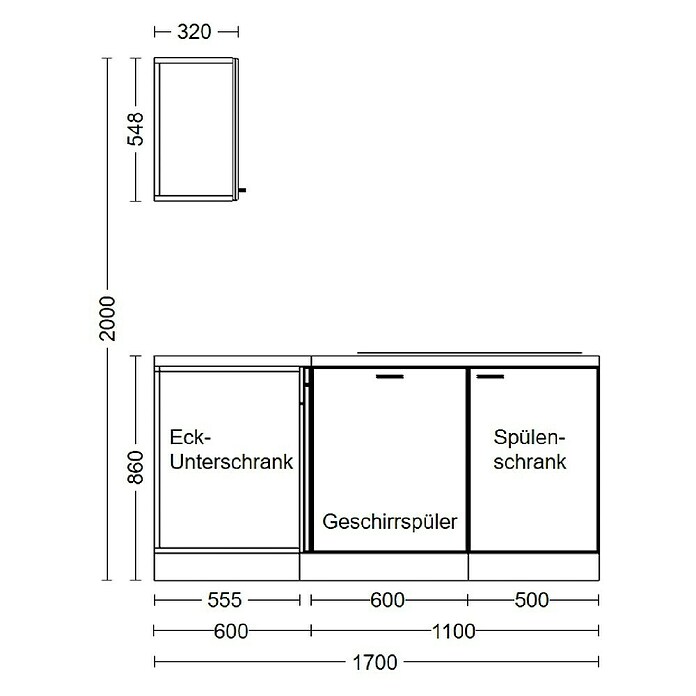 Flex-Well Tiago Winkelküche (L x B: 170 x 280 cm, Grau, Mit Elektrogeräten) | BAUHAUS