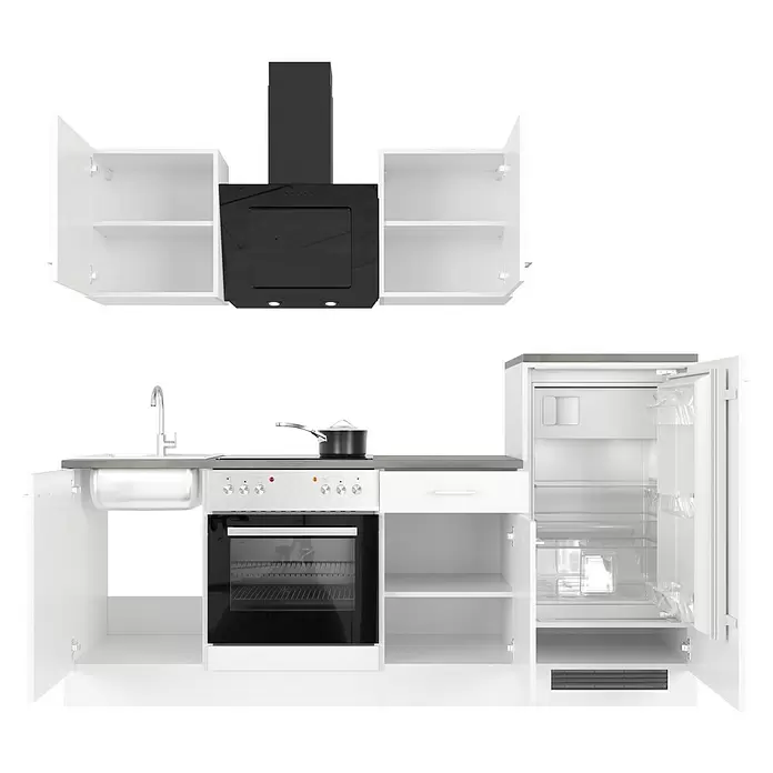 Flex-Well Lucca Küchenzeile - Breite: 220 cm, Höhe: 200 cm, Weiß, Mit Elektrogeräten - Weiße Modulküche mit schwarzer Dunstabzugshaube, Spüle, Backofen und offenem Kühlschrank, funktionales Design.