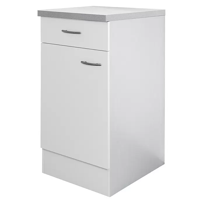 Flex-Well Wito Küchen-Unterschrank - B x T x H: 40 x 60 x 85 cm, Weiß - Weißer Schrank mit grauer Arbeitsplatte, einer oberen Schublade und einer unteren Tür, beide mit silbernen Griffen.