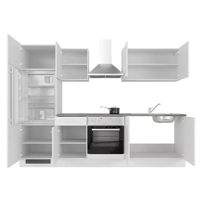 Flex-Well Lucca Küchenzeile Typ 1 - Breite: 270 cm, Höhe: 200 cm, Weiß, Mit Elektrogeräten - Weiße Küchenzeile mit offenen Schränken, integriertem Kühlschrank, Backofen, Dunstabzugshaube und Spüle. Ein Topf steht auf dem Herd.
