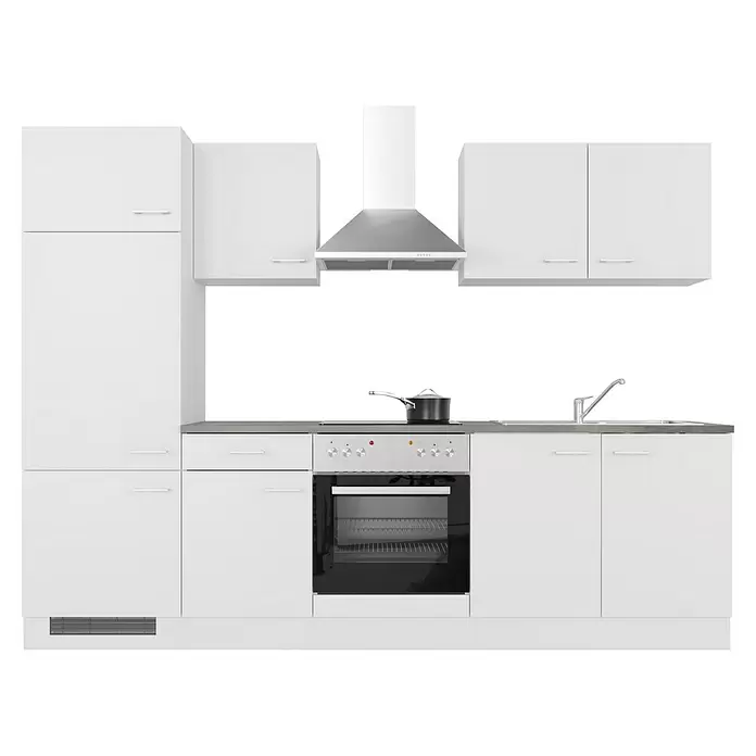 Flex-Well Lucca Küchenzeile Typ 1 - Breite: 270 cm, Höhe: 200 cm, Weiß, Mit Elektrogeräten - Schlanke weiße Küche mit integrierten Geräten, Spüle und Dunstabzugshaube.