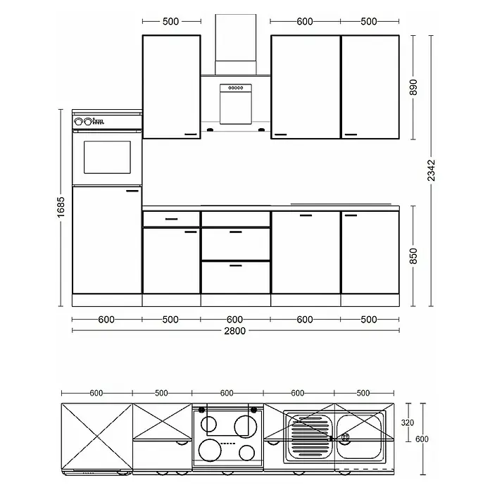 Flex-Well Küchenzeile Capri - Breite: 280 cm, Touch Schwarz, Mit Elektrogeräten, Fibonitspüle - Detaillierter Küchenplan mit Unter- und Oberschränken, Backofen, Kochfeld, Spüle und Dunstabzugshaube, inklusive Maßen.