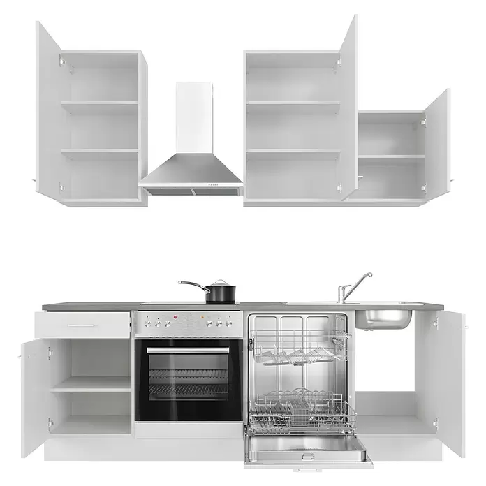 Flex-Well Lucca Küchenzeile Typ 1 - Breite: 220 cm, Höhe: 234 cm, Weiß, Mit Elektrogeräten - Weiße modulare Küchenzeile mit offenen Schränken, Backofen, Geschirrspüler, Spüle und Dunstabzugshaube.