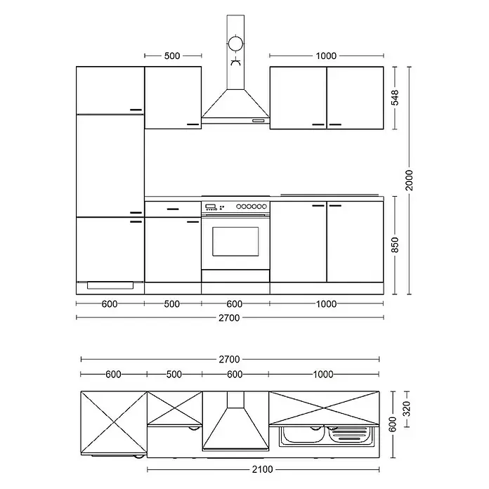 Flex-Well Avila Küchenzeile Typ 1 - Breite: 270 cm, Höhe: 200 cm, Magnolia, Mit Elektrogeräten - Küchenplan mit Vorder- und Draufsicht, zeigt Maße für Schränke, Geräte wie Kühlschrank, Backofen, Kochfeld, Dunstabzug und Spüle.