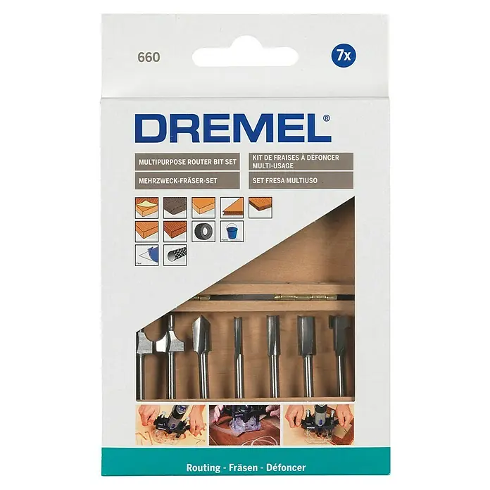 Dremel Fräser-Set 660 - Durchmesser Schaft: 3,2 mm, 7 -tlg. - Dremel 660 Mehrzweck-Fräser-Set in einer Holzbox. Das Set enthält verschiedene Fräser für unterschiedliche Anwendungen.
