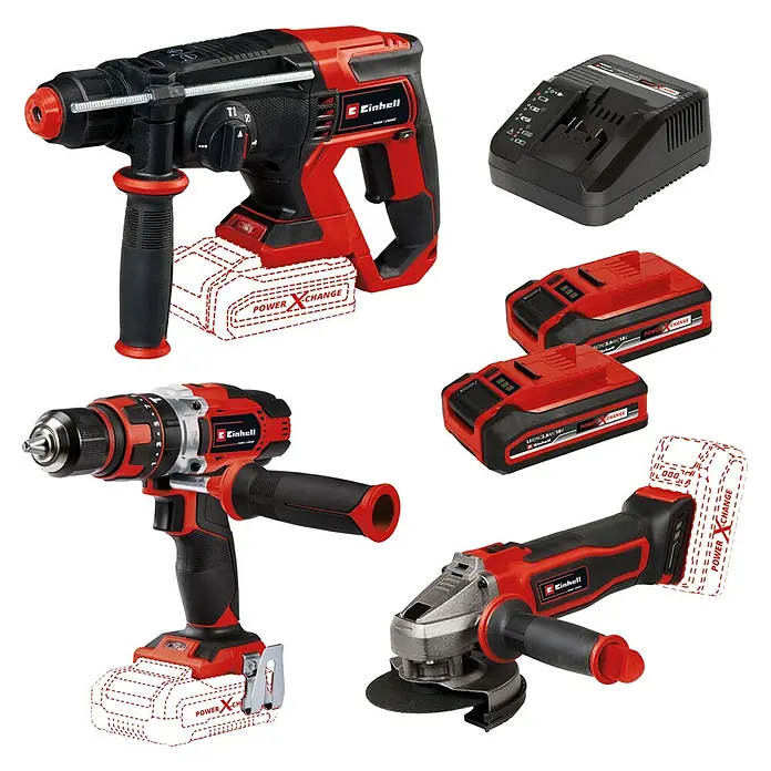 Einhell PXC 18V Juego de máquinas TE-TK 18/3 Li +2 (CD+AG+HD) - 2 baterías, 18 V, 5 pzs. - Un juego de herramientas inalámbricas Einhell, que incluye un martillo rotativo, un taladro, una amoladora angular, un cargador y baterías de la serie Power X-Change.