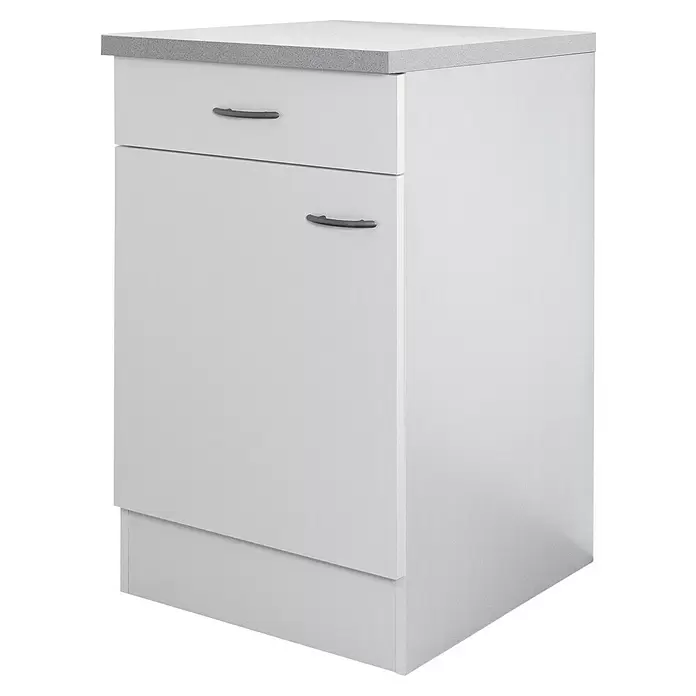 Flex-Well Wito Singleküche - Breite: 150 cm, Weiß, Mit 2-Zonen-Glaskeramikkochfeld - Weißer Küchenunterschrank mit grau gesprenkelter Arbeitsplatte, einer Schublade und einer Tür mit dunkelgrauen Griffen.