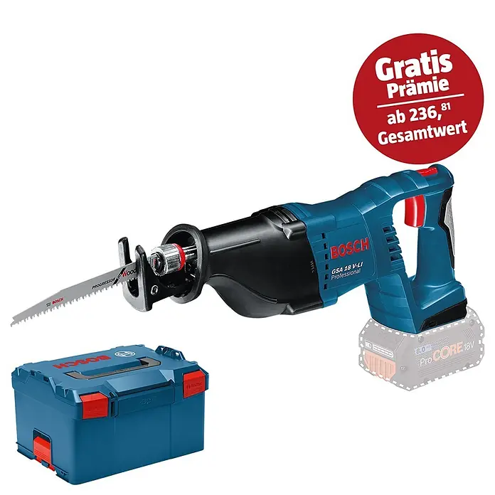 Bosch Professional AMPShare 18V Akku-Säbelsäge GSA 18 V-LI - 18 V, Ohne Akku, Leerlaufhubzahl: 0 /min - 2.700 /min - Akku-Säbelsäge GSA 18 V-LI Professional von Bosch mit Zubehör und Aufbewahrungskoffer, im Angebot mit Gratis-Zugabe.