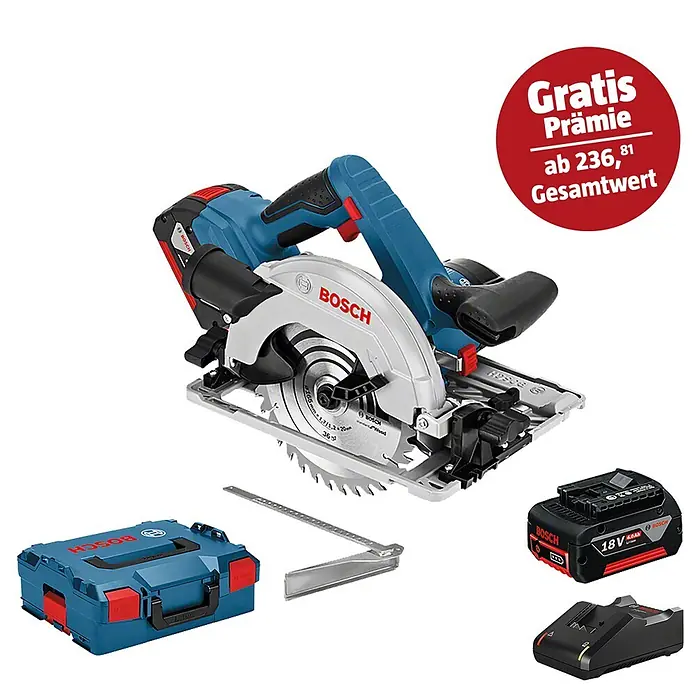 Bosch Professional AMPShare 18V Akku-Handkreissäge GKS 18V-57 G L-Boxx - 18 V, 2 Akkus, Leerlaufdrehzahl: 3.400 U/min, Sägeblatt: 165 mm - Ein Bosch Kreissägen-Set mit blauer und schwarzer Säge, L-Boxx, Anschlag, 18V 4.0Ah Akku und Ladegerät.