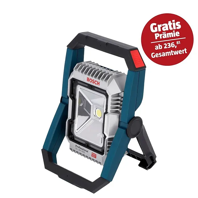 Bosch Professional AMPShare 18V LED-Akkustrahler GLI 18V-1900 - 18 V, Ohne Akku, Lichtstrom: 1.900 lm - Das Bild zeigt eine tragbare Bosch GLI 18V-1900 Akku-Baustellenleuchte mit LED-Technologie und robustem Design. Gratis Prämie ab 236,81 Gesamtwert.