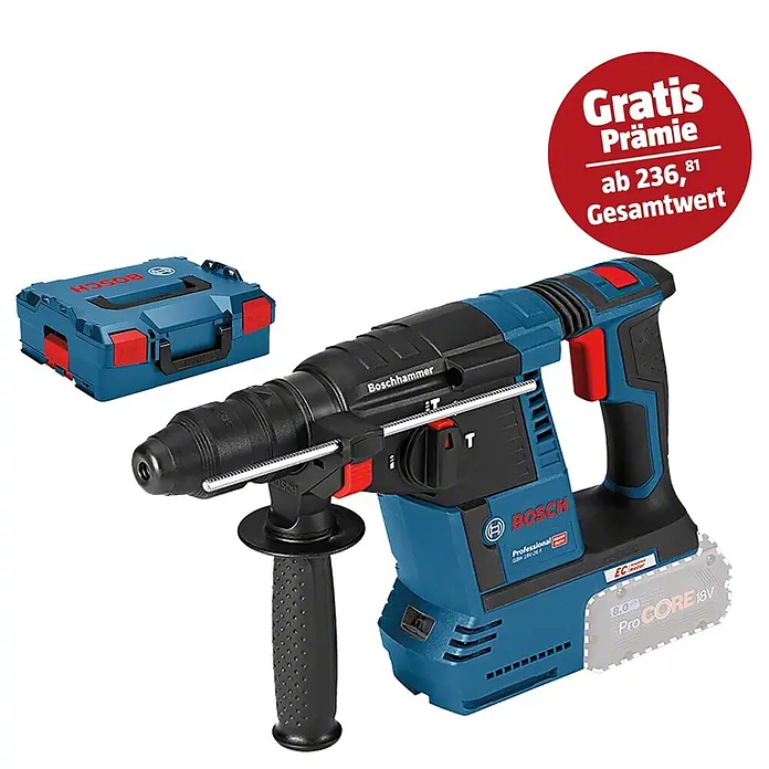 Bosch Professional AMPShare 18V Akku-Kombihammer GBH 18V-26 - 18 V, Ohne Akku, 2,6 J, L-Boxx - Abbildung eines Boschhammer-Akkubohrers mit Zubehör und einem roten "Gratis"-Aufkleber.