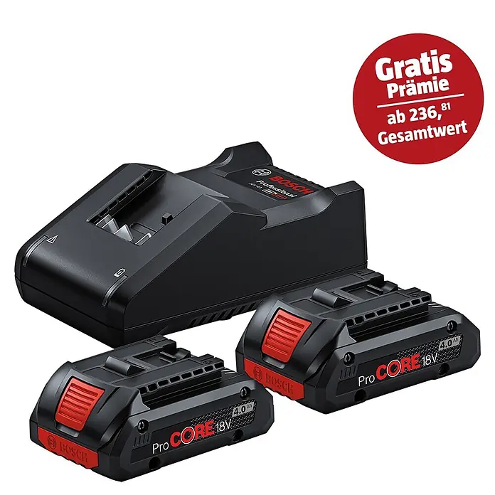 Bosch Professional AMPShare 18V Akku & Ladegerät Starter-Set ProCore - 18 V, 2 Akkus, Li-Ionen, 4 Ah - Schwarzes Bosch Professional Ladegerät mit zwei schwarz-roten ProCORE 18V 4.0 Ah Akkus.