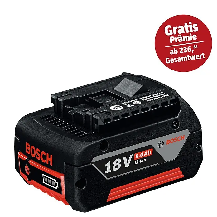 Bosch Professional AMPShare 18V Akku GBA 18V 5.0 Ah - 18 V, 1 Akku, 5 Ah - Schwarzer Bosch 18V 5.0Ah Li-Ion Akku mit roten Akzenten und Ladeanzeige.