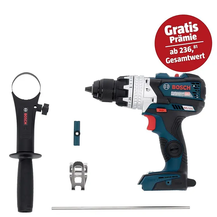 Bosch Professional AMPShare 18V Akku-Schlagbohrschrauber GSB 18V-110 C - 18 V, Ohne Akku, 110 Nm, Inkl. Koffer - Abbildung einer Bosch Professional Akku-Bohrmaschine mit Zubehör und einem roten Aufkleber, der eine kostenlose Prämie bewirbt.