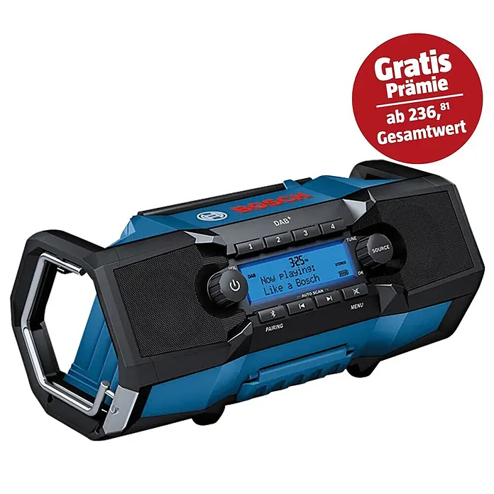 Bosch Professional AMPShare 18V Akku-Baustellenradio GPB 18V-2 SC - 18 V, Ohne Akku, Frequenz: 87,5 - 108 MHz (UKW/FM) - Bosch Baustellenradio mit DAB+-Empfang, robust und vielseitig. Inklusive Gratis-Prämie.