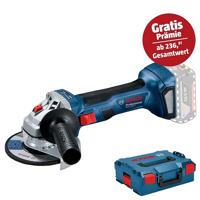 Bosch Professional AMPShare 18V Akku-Winkelschleifer GWS 18V-7 - 18 V, Ohne Akku, Durchmesser Scheibe: 125 mm - Das Bild zeigt einen blauen Bosch Professional GWS 18V-7 Akku-Winkelschleifer mit einem Akku und einem dazugehörigen Werkzeugkoffer.