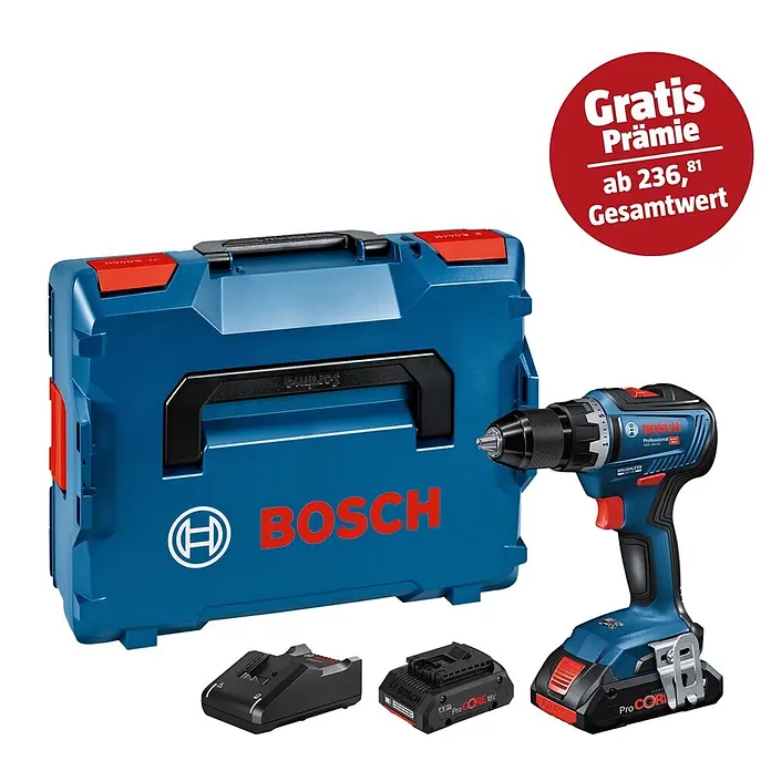 Bosch Professional AMPShare 18V Akku-Bohrschrauber GSR 18V-55 - 18 V, 2 Akkus, 4 Ah - Das Bild zeigt einen blauen Bosch Akku-Bohrschrauber mit Zubehör und einer "Gratis"-Aktion.